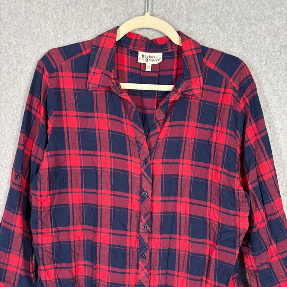 Hester Orchard Shirt Women XL Red Navy Plaid Button Western Cowgirl Rodeo V Neck - Picture 2 of 9